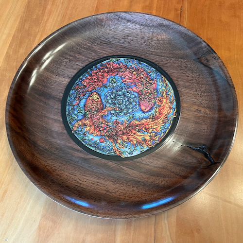 Click to view detail for MH070 Platter, Walnut, Koi Puzzle Resin $225